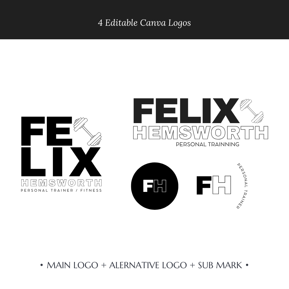 FELIX | Fitness & Trainer Logo Kit | DIY Black & White Canva Template, Modern Branding Design