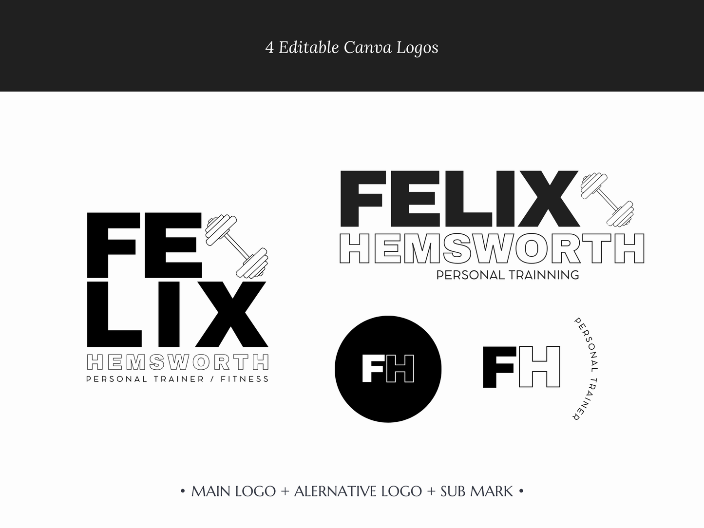 FELIX | Fitness & Trainer Logo Kit | DIY Black & White Canva Template, Modern Branding Design