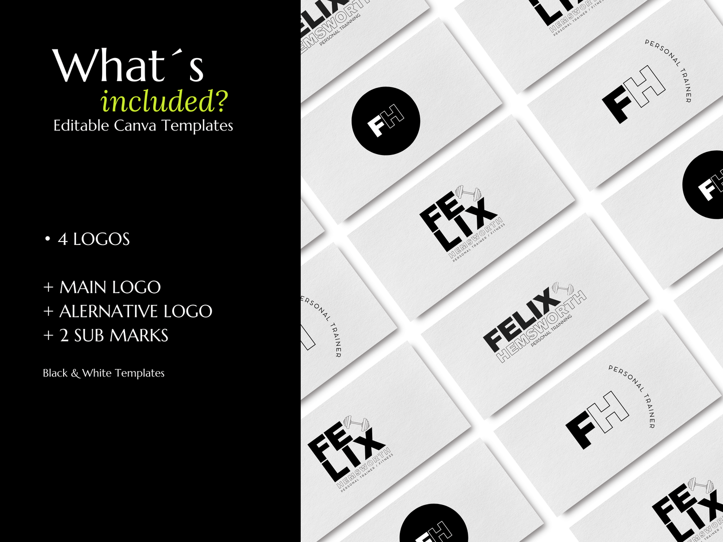 FELIX | Fitness & Trainer Logo Kit | DIY Black & White Canva Template, Modern Branding Design