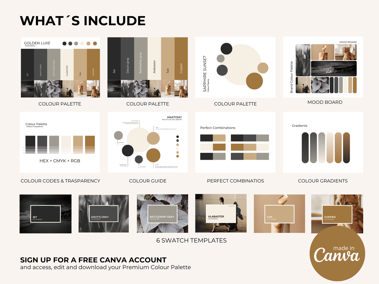 Golden Luxury | Luxury Brand Colour Palette | Editable Canva Template with Hex Codes | Black Beige Gold Palette