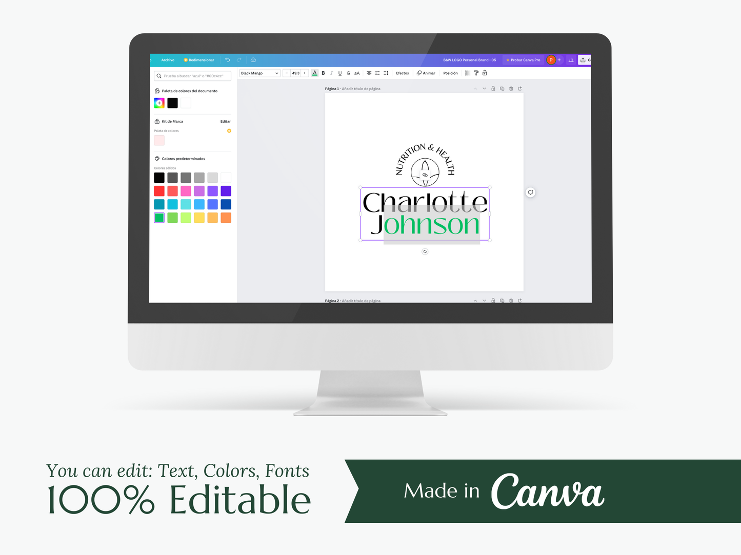 ISABELLA | Nutritionist & Health Logo Kit | DIY Canva Template, Black & White Modern Branding