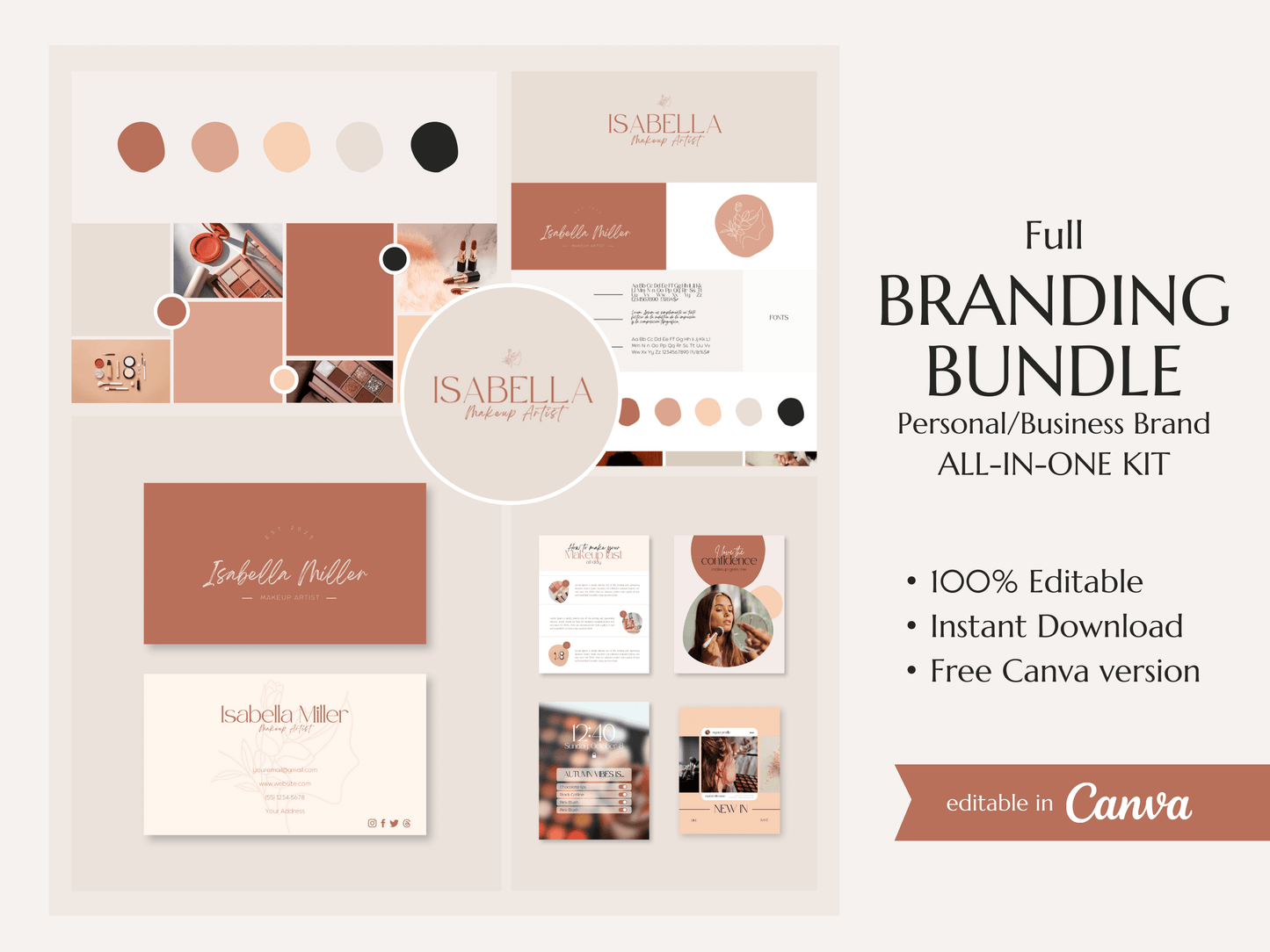 ISABELLA | BEAUTY - MAKEUP | DYI Personal Branding Kit | Canva Templates - Logos, Brand Board, Business Card, Email Signature, Social Media Kit
