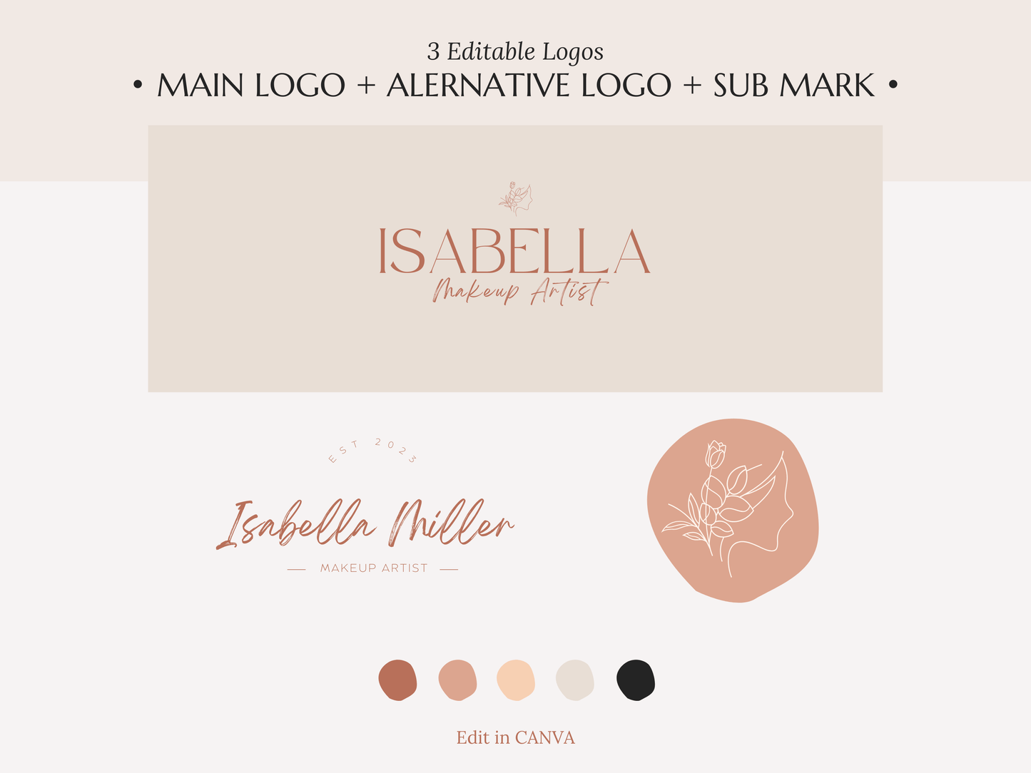 ISABELLA | BEAUTY - MAKEUP | DYI Personal Branding Kit | Canva Templates - Logos, Brand Board, Business Card, Email Signature, Social Media Kit