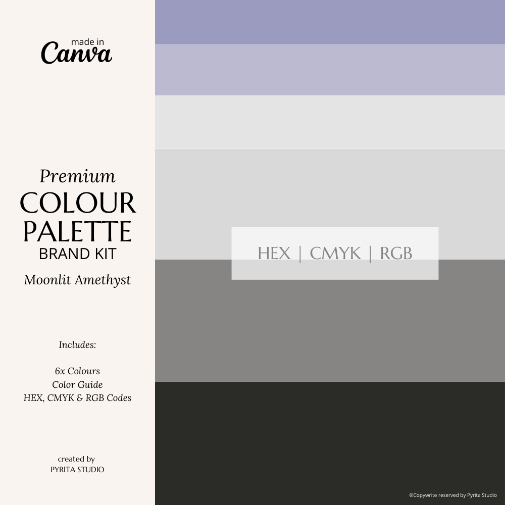 Moonlit Amethyst | Modern Brand Palette | Premium Editable Canva Colour Palette with Hex Codes | Black, Gray, Pruple
