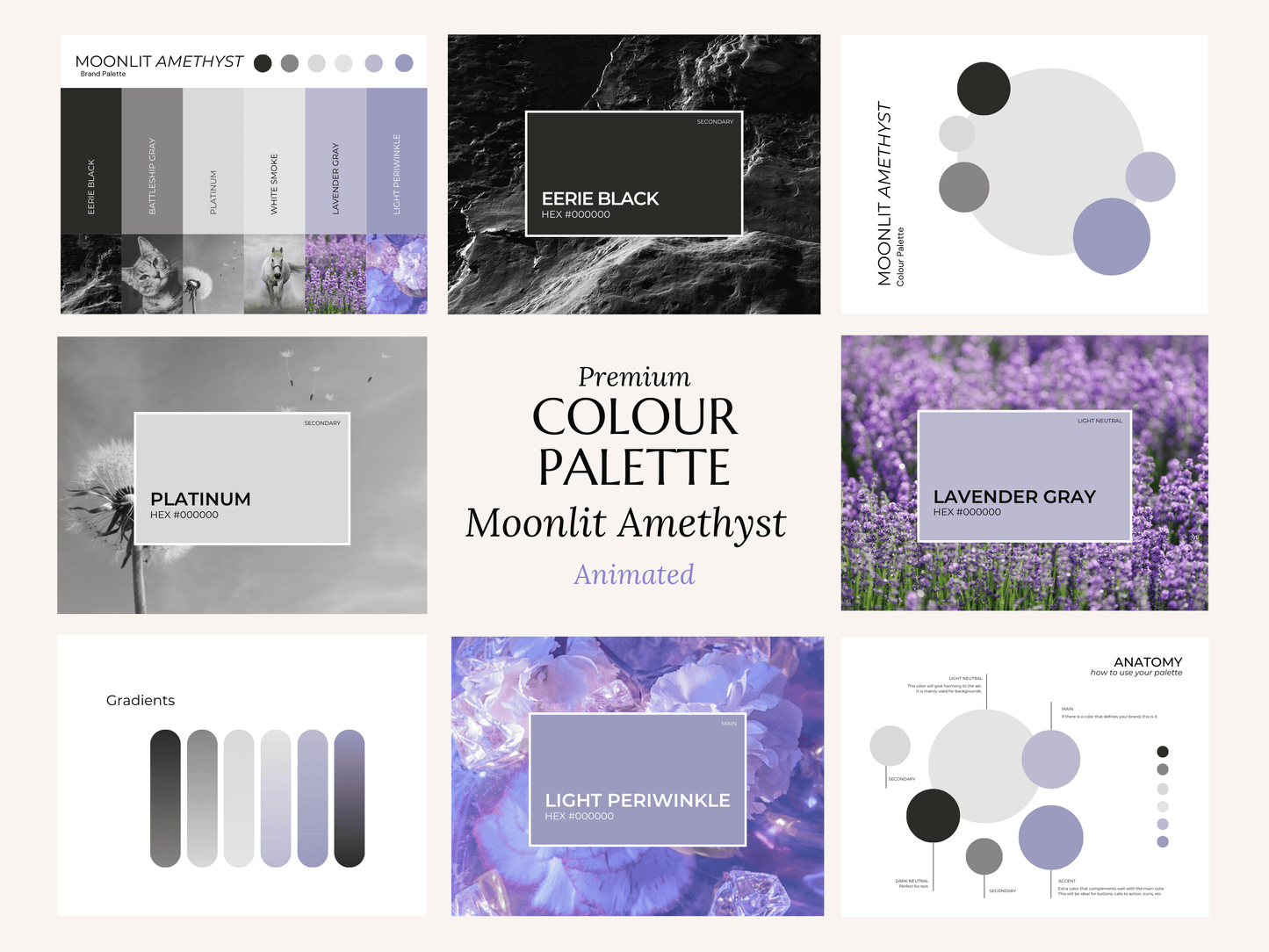 Moonlit Amethyst | Modern Brand Palette | Premium Editable Canva Colour Palette with Hex Codes | Black, Gray, Pruple