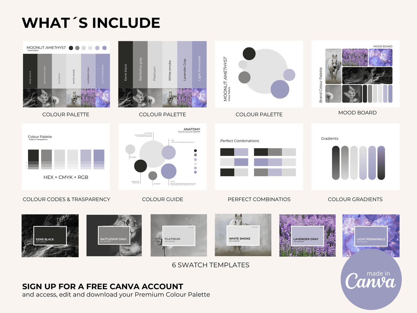 Moonlit Amethyst | Modern Brand Palette | Premium Editable Canva Colour Palette with Hex Codes | Black, Gray, Pruple