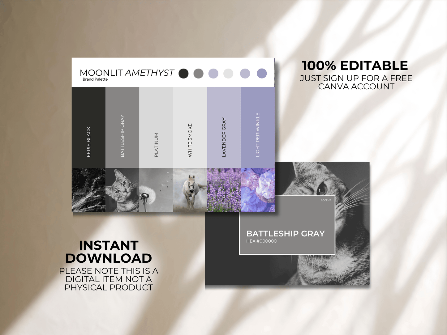 Moonlit Amethyst | Modern Brand Palette | Premium Editable Canva Colour Palette with Hex Codes | Black, Gray, Pruple