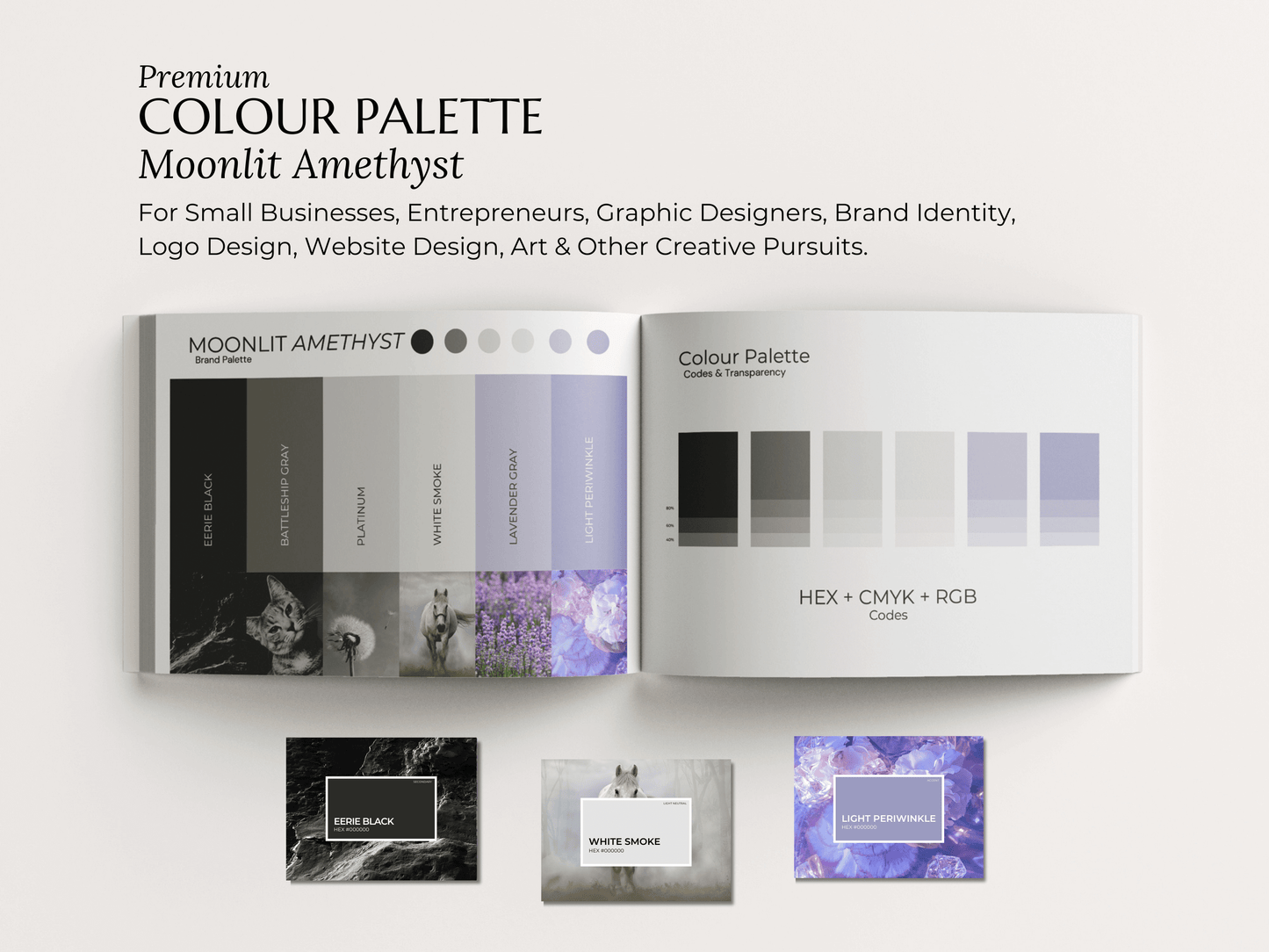 Moonlit Amethyst | Modern Brand Palette | Premium Editable Canva Colour Palette with Hex Codes | Black, Gray, Pruple