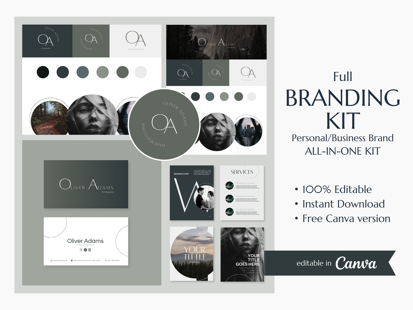 OLIVER | PHOTOGRAPHY | Editable Branding Kit | Canva Templates - Logos, Brand Board, Business Card, Email Signature, Social Media Kit