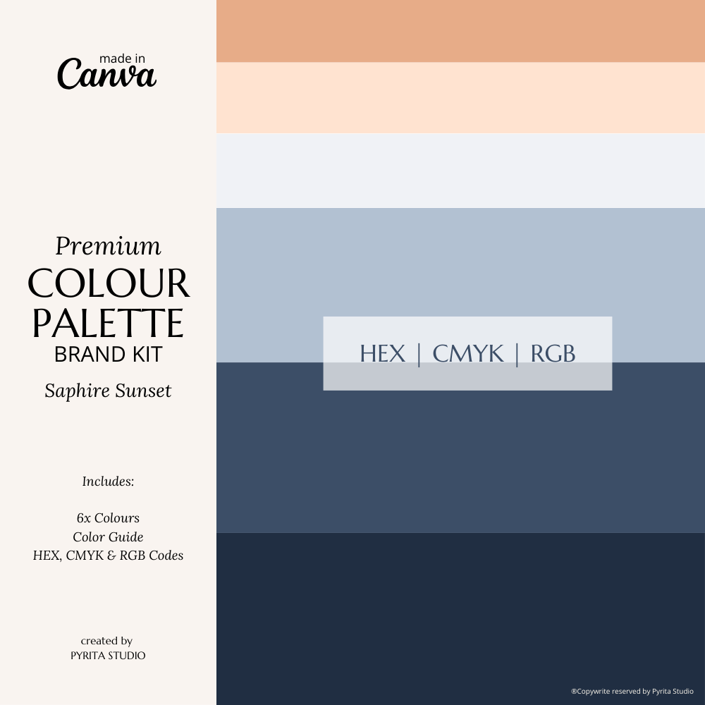 Sapphire Sunset | Modern Brand Palette | Premium Canva Colour Palette with Hex Codes | Blue + Peach Branding Kit