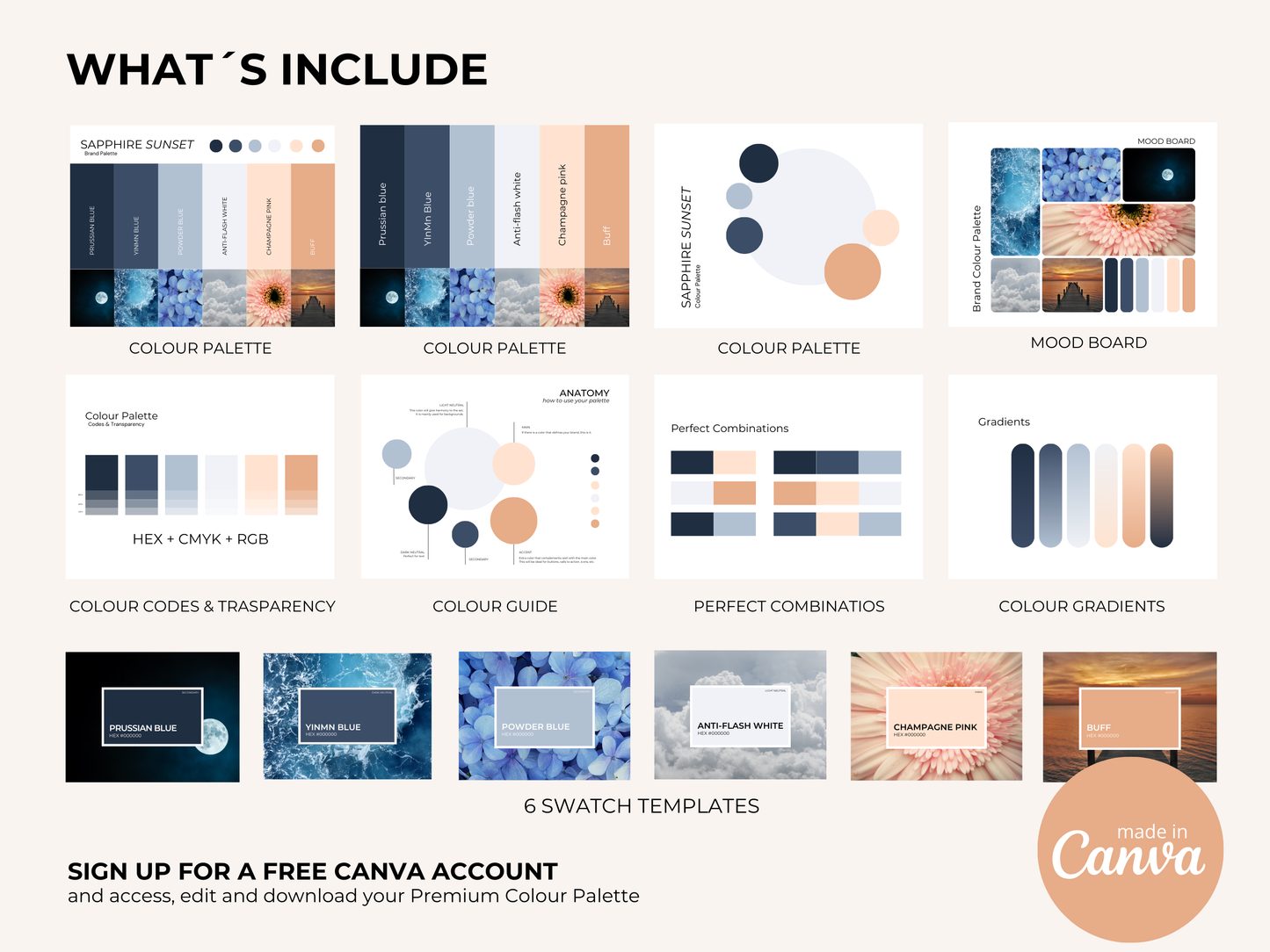 Sapphire Sunset | Modern Brand Palette | Premium Canva Colour Palette with Hex Codes | Blue + Peach Branding Kit