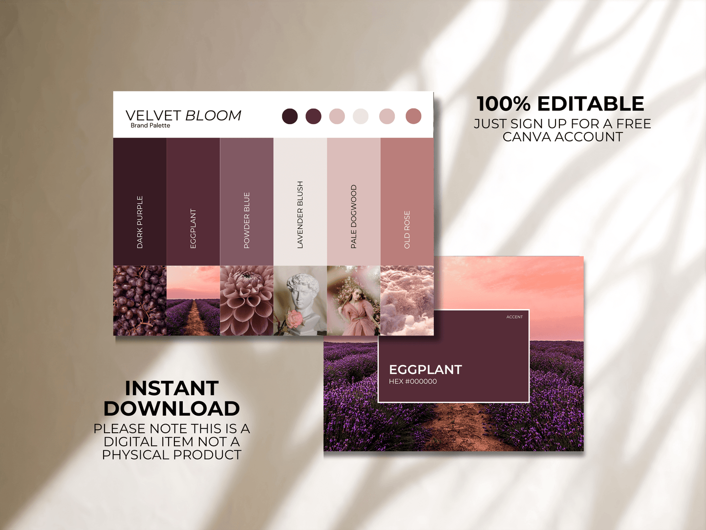 Velvet Bloom | Premium Brand Palette | Editable Canva Template with Hex Codes | Pink + Purple Vintage Colour Palette