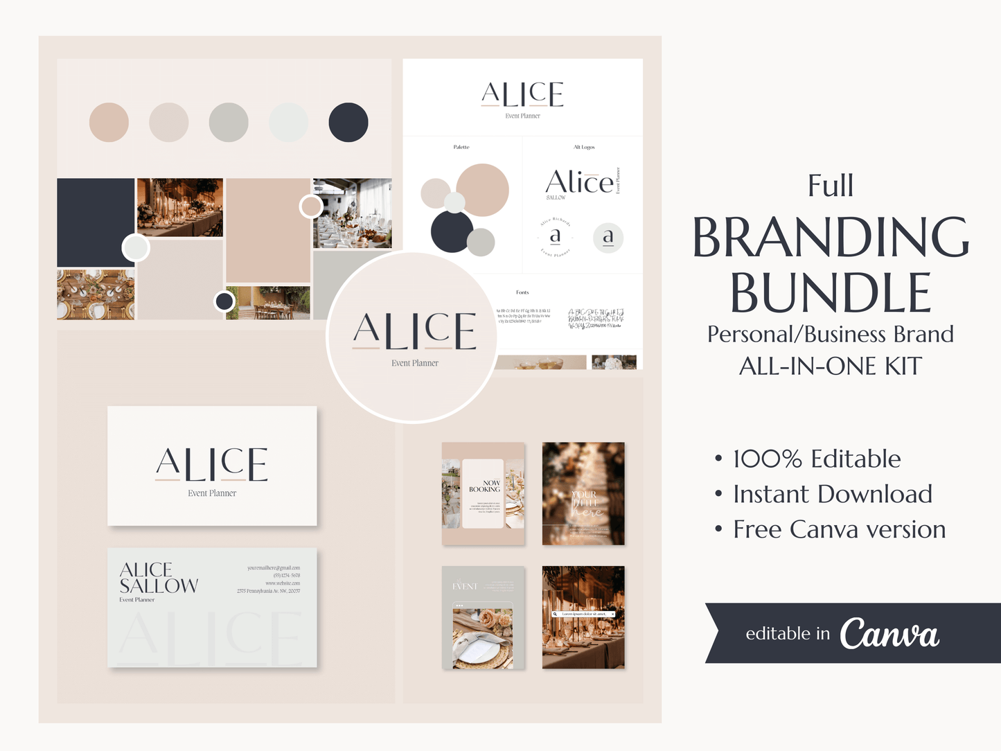 ALICE | EVENT - WEDDING PLANNER | Editable Personal Branding Kit | Canva Templates - Logos, Brand Board, Business Card, Email Signature, Social Media Kit