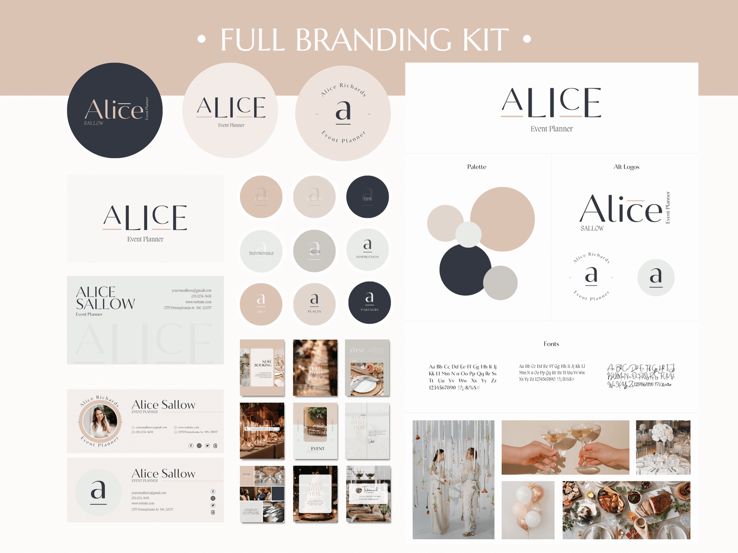 ALICE | EVENT - WEDDING PLANNER | Editable Personal Branding Kit | Canva Templates - Logos, Brand Board, Business Card, Email Signature, Social Media Kit