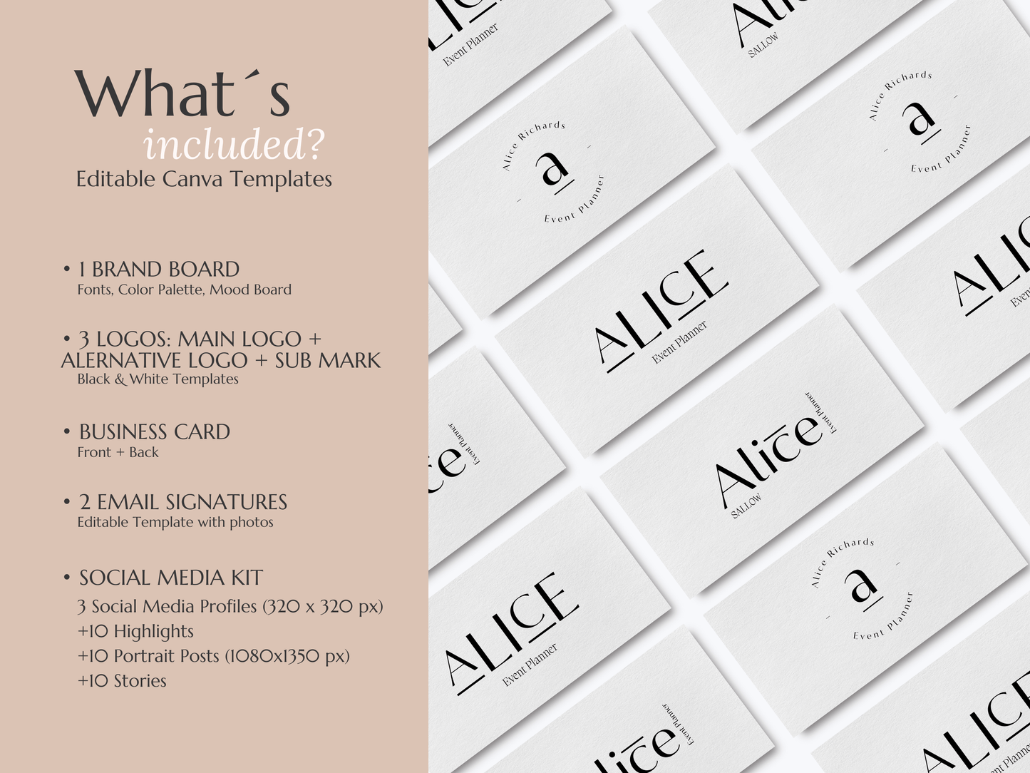 ALICE | EVENT - WEDDING PLANNER | Editable Personal Branding Kit | Canva Templates - Logos, Brand Board, Business Card, Email Signature, Social Media Kit