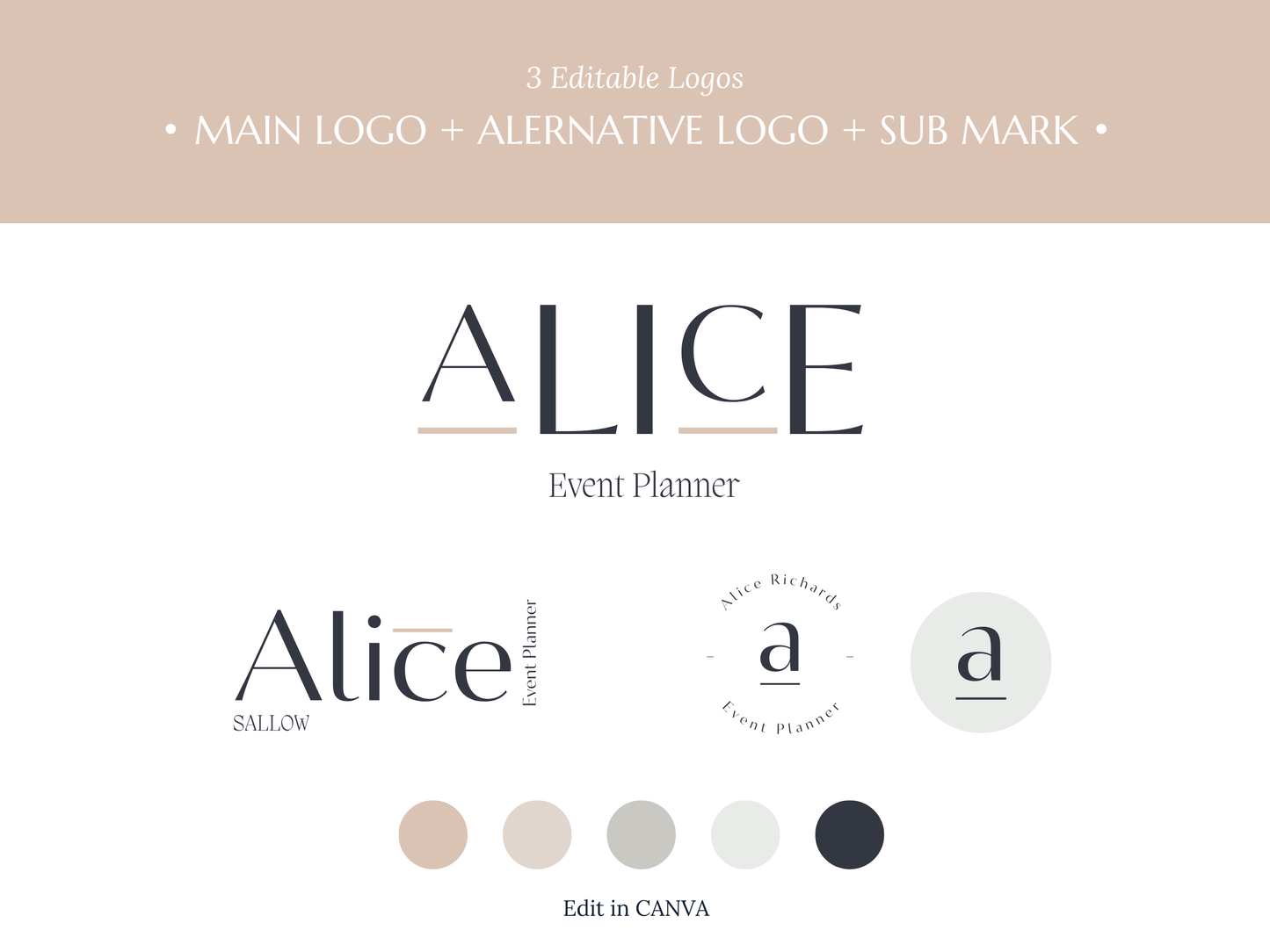 ALICE | EVENT - WEDDING PLANNER | Editable Personal Branding Kit | Canva Templates - Logos, Brand Board, Business Card, Email Signature, Social Media Kit