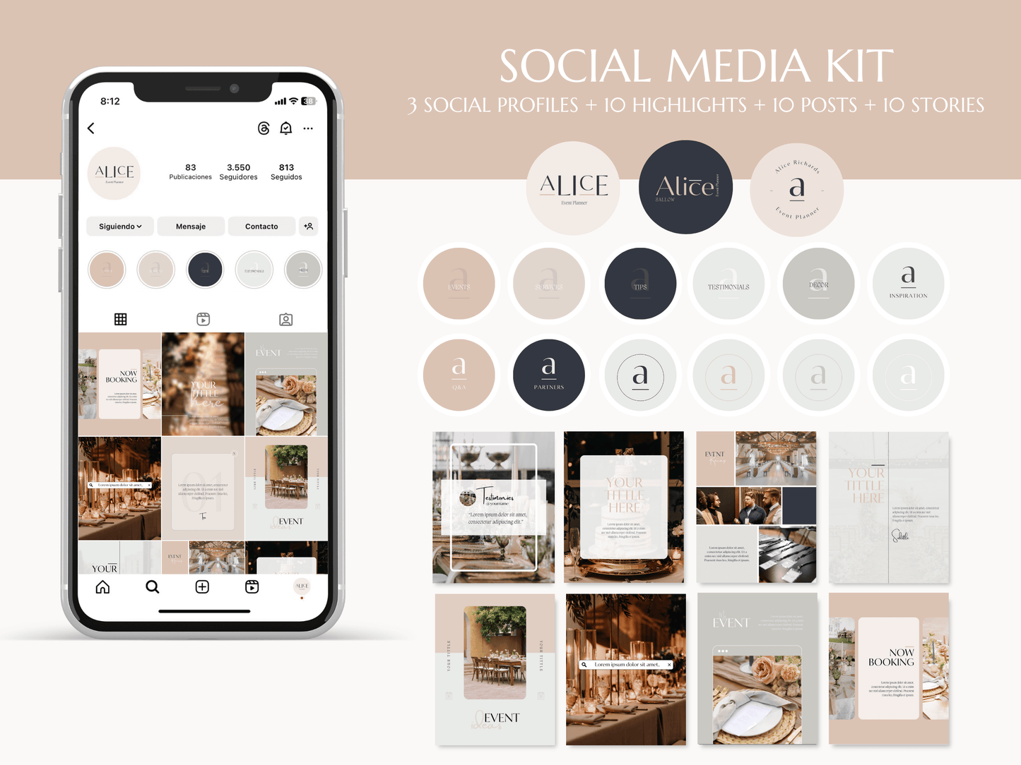 ALICE | EVENT - WEDDING PLANNER | Editable Personal Branding Kit | Canva Templates - Logos, Brand Board, Business Card, Email Signature, Social Media Kit