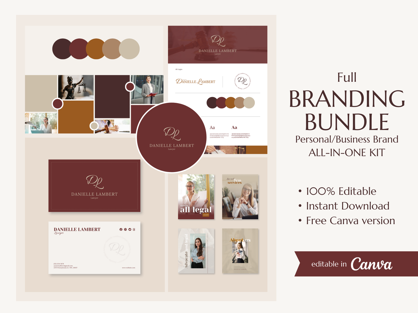 DANIELLE | LAWYER | Editable Personal Branding Kit | Canva Templates - Logos, Brand Board, Business Card, Email Signature, Social Media Kit