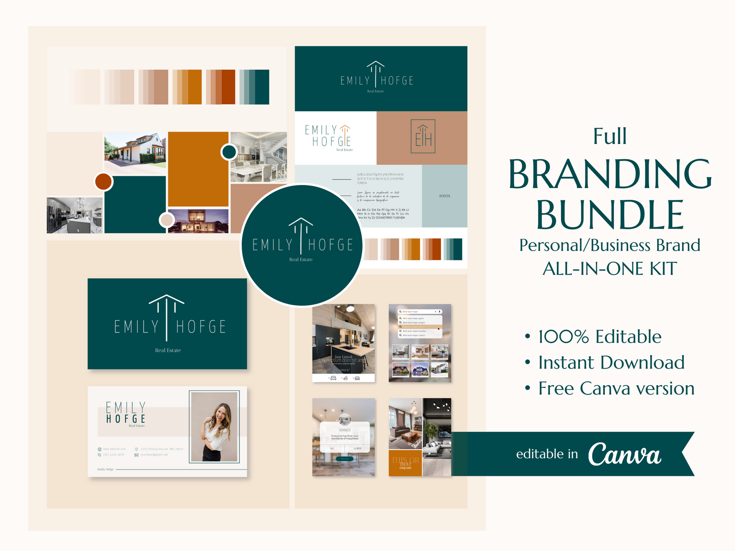 EMILY | REALTOR - REAL ESTATE - ARCHITECT - INTERIOR DESIGNER | DYI Personal Branding Kit | Canva Templates - Logos, Brand Board, Business Card, Email Signature, Social Media Kit