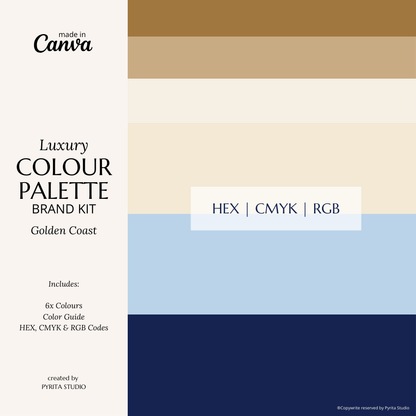 Golden Coast | Luxury Brand Palette | Editable Canva Template with Hex Codes | Blue Beige Gold Small Business Kit