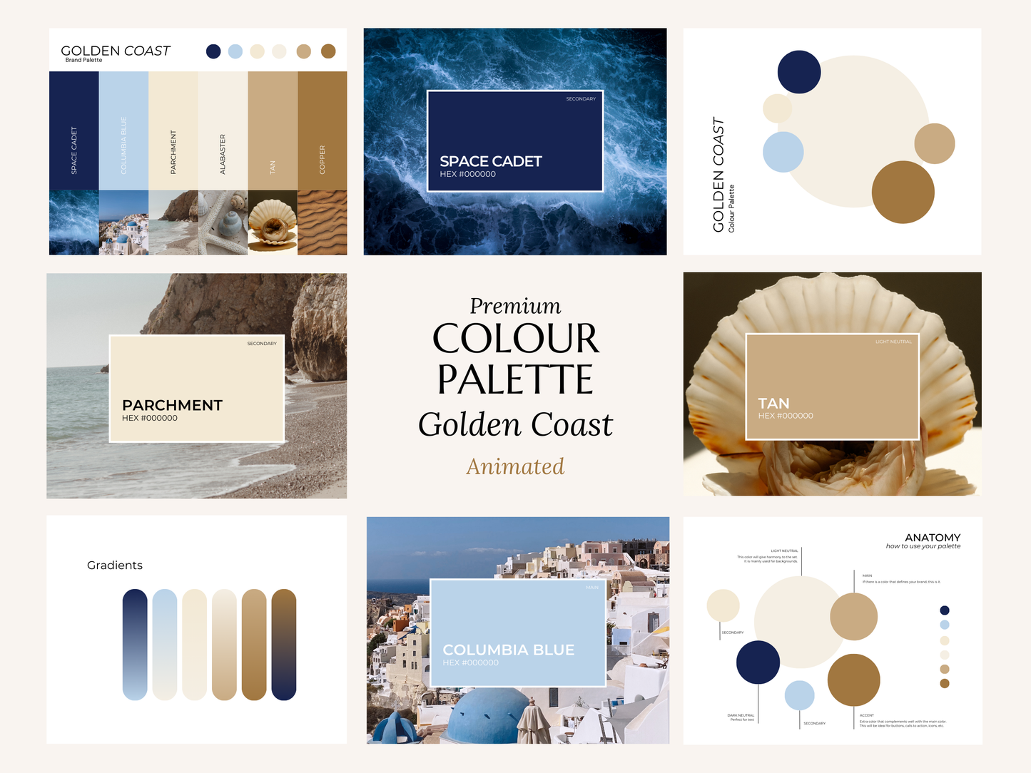 Golden Coast | Luxury Brand Palette | Editable Canva Template with Hex Codes | Blue Beige Gold Small Business Kit