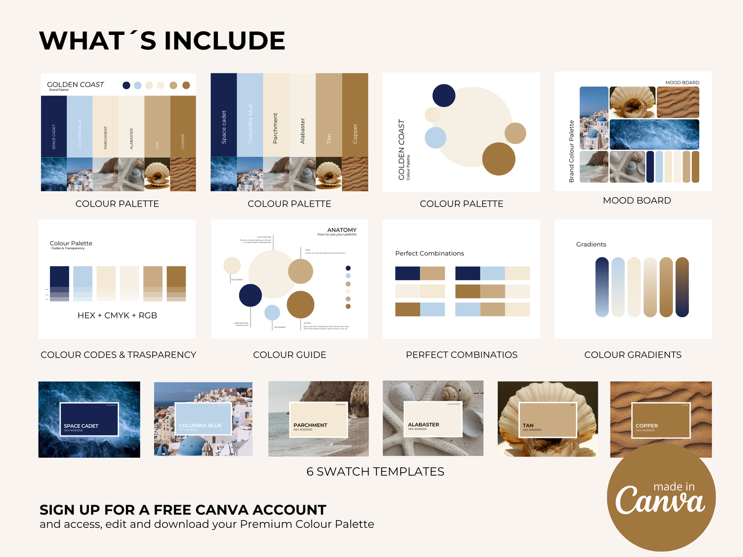 Golden Coast | Luxury Brand Palette | Editable Canva Template with Hex Codes | Blue Beige Gold Small Business Kit