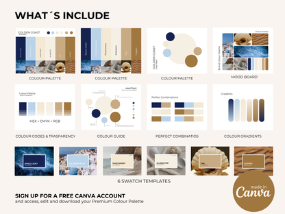 Golden Coast | Luxury Brand Palette | Editable Canva Template with Hex Codes | Blue Beige Gold Small Business Kit