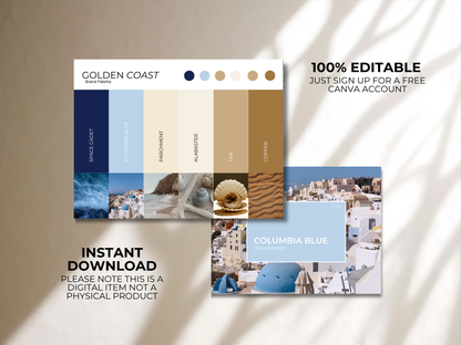 Golden Coast | Luxury Brand Palette | Editable Canva Template with Hex Codes | Blue Beige Gold Small Business Kit