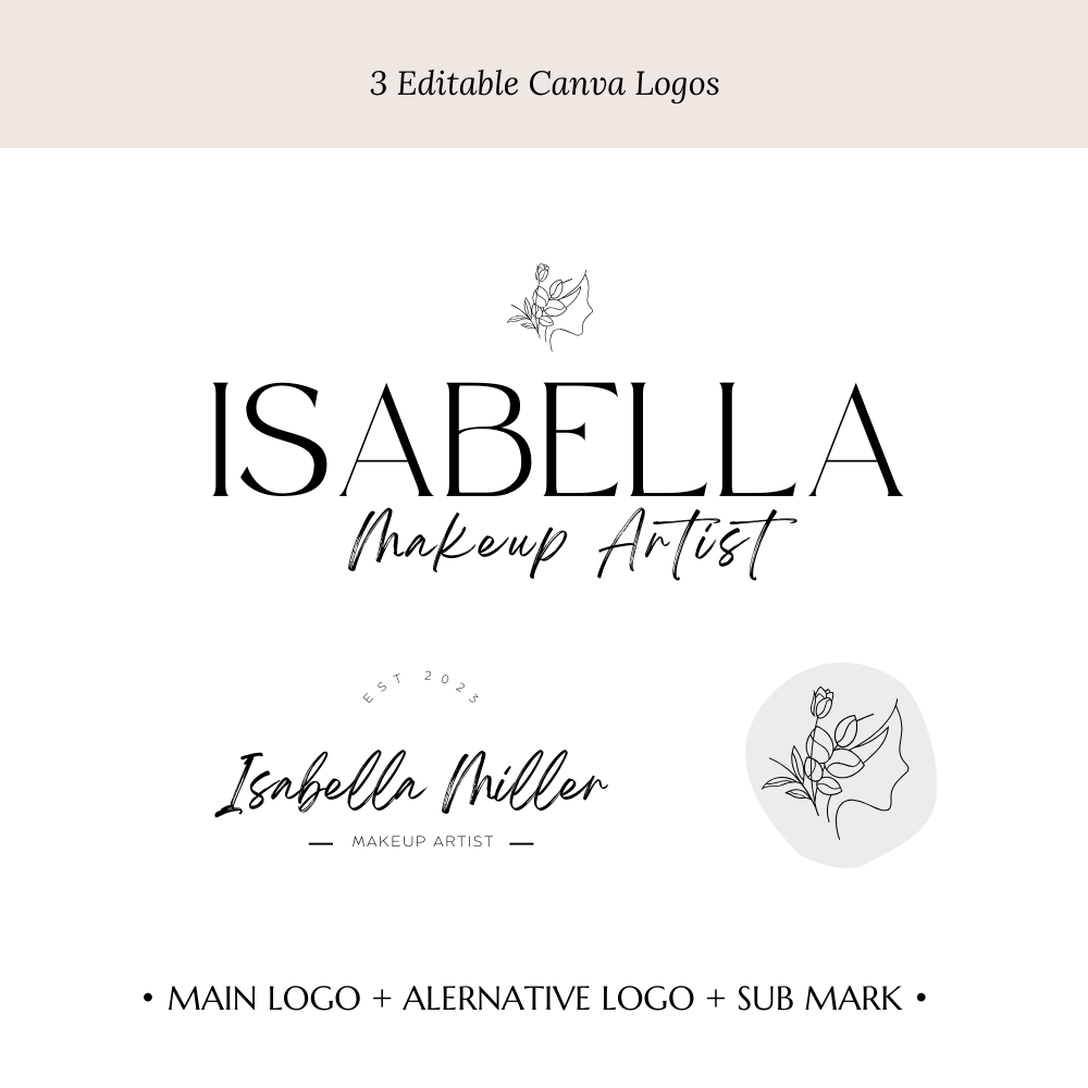 ISABELLA | Beauty & Makeup Artist Logo Kit | DIY Black & White Canva Template, Modern Branding Design