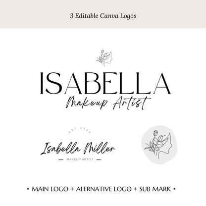 ISABELLA | Beauty & Makeup Artist Logo Kit | DIY Black & White Canva Template, Modern Branding Design