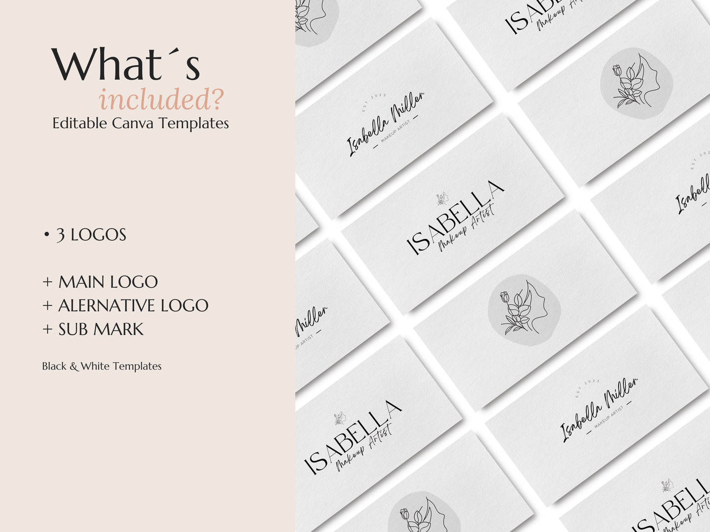 ISABELLA | Beauty & Makeup Artist Logo Kit | DIY Black & White Canva Template, Modern Branding Design