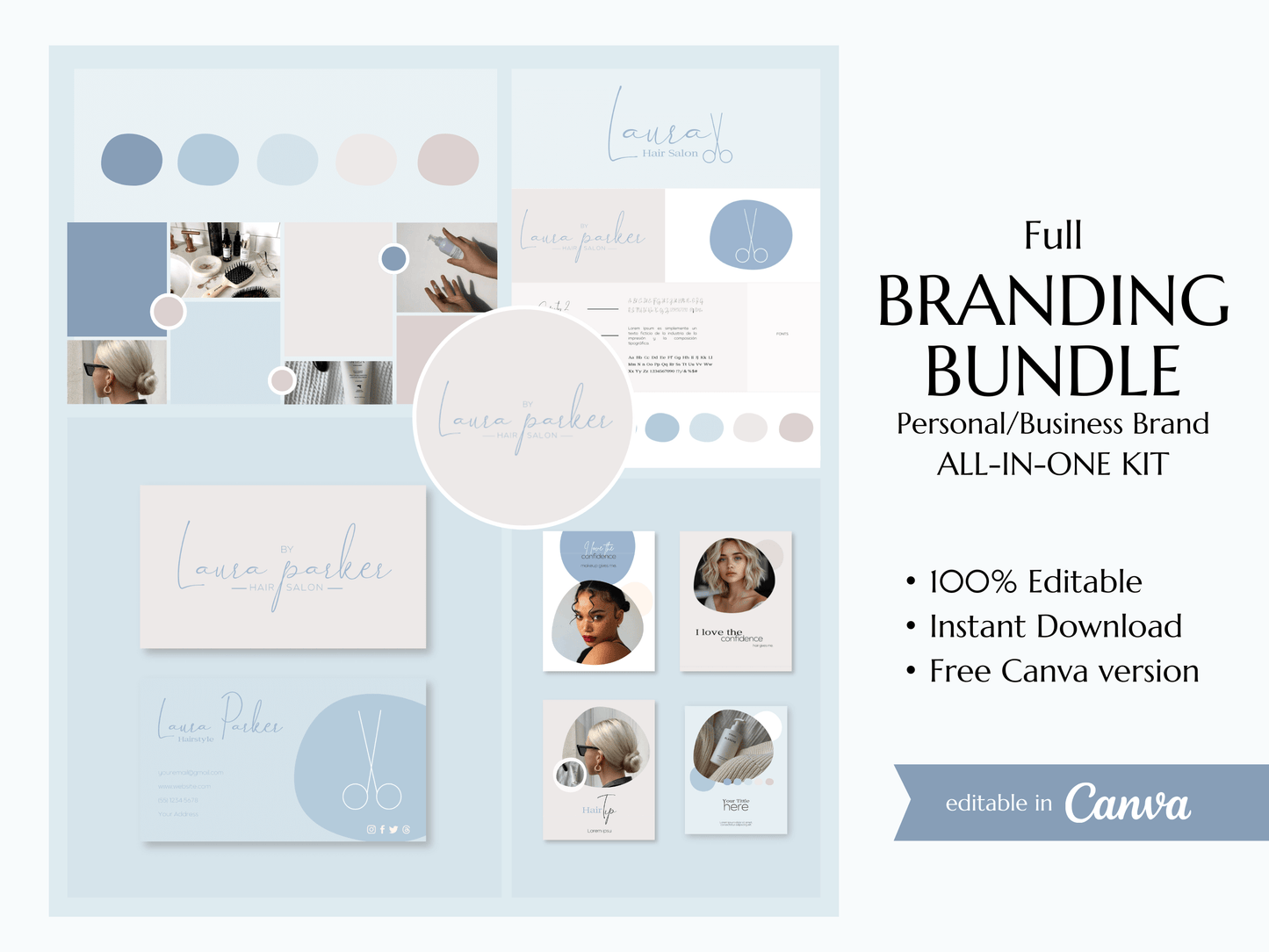 LAURA | HAIRSTYLE - SALON | Editable Personal Branding Kit | Canva Templates - Logos, Brand Board, Business Card, Email Signature, Social Media Kit