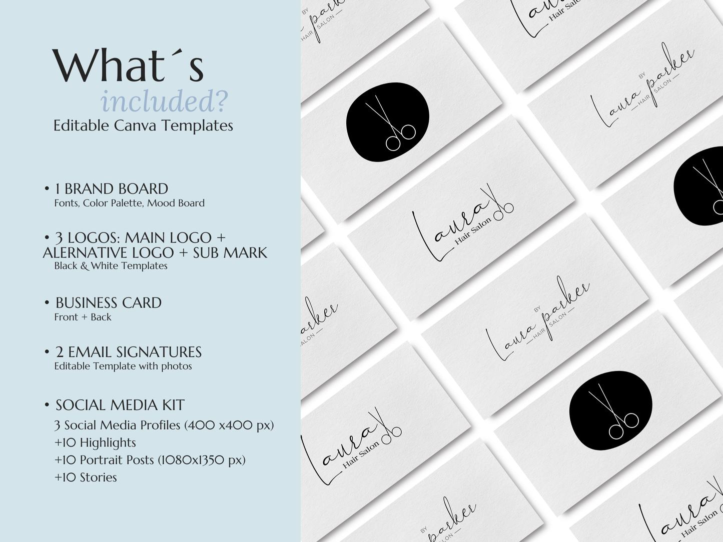 LAURA | HAIRSTYLE - SALON | Editable Personal Branding Kit | Canva Templates - Logos, Brand Board, Business Card, Email Signature, Social Media Kit