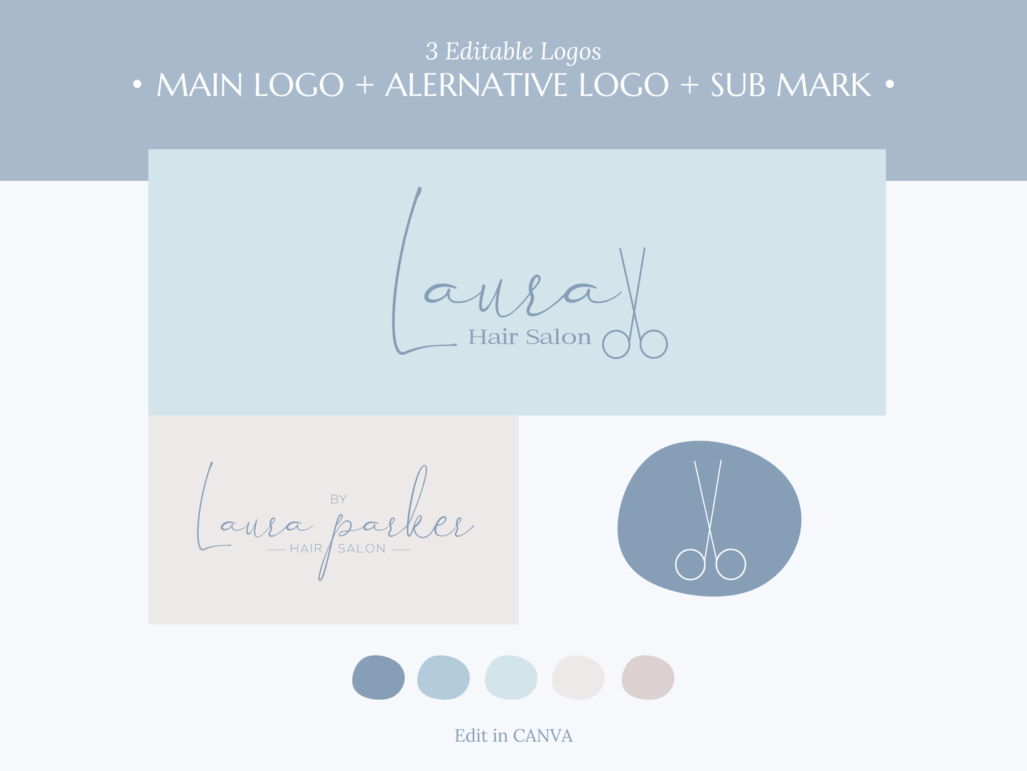 LAURA | HAIRSTYLE - SALON | Editable Personal Branding Kit | Canva Templates - Logos, Brand Board, Business Card, Email Signature, Social Media Kit