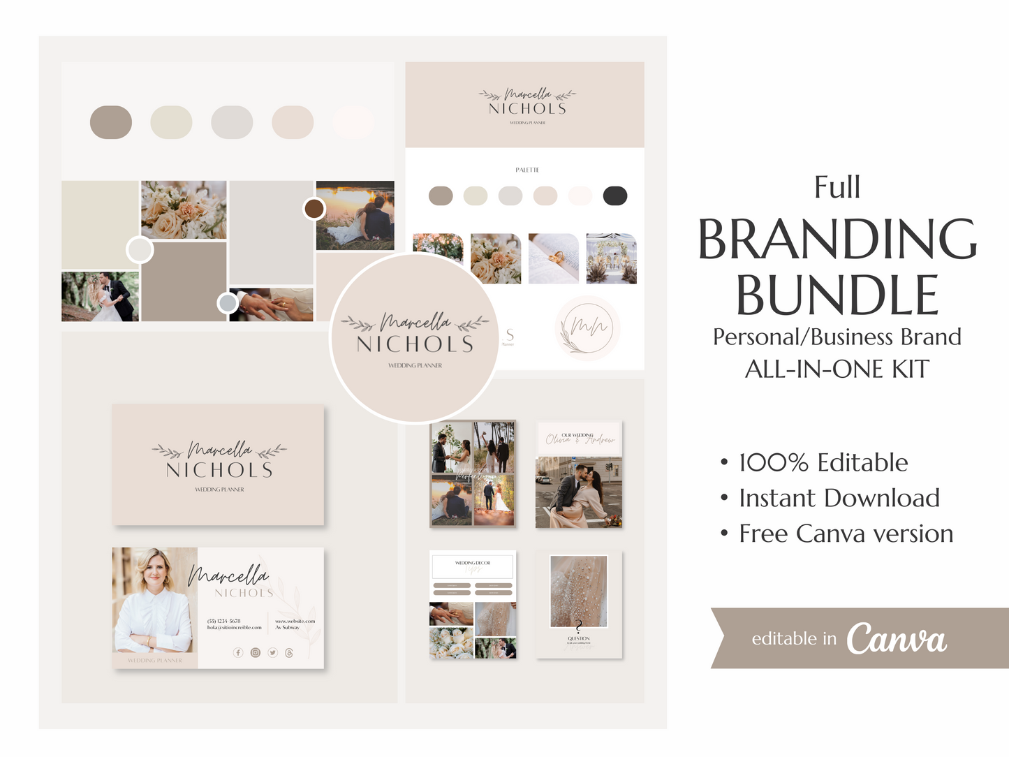 MARCELLA | WEDDING - EVENT PLANNER | DYI Personal Branding Kit | Canva Templates - Logos, Brand Board, Business Card, Email Signature, Social Media Kit