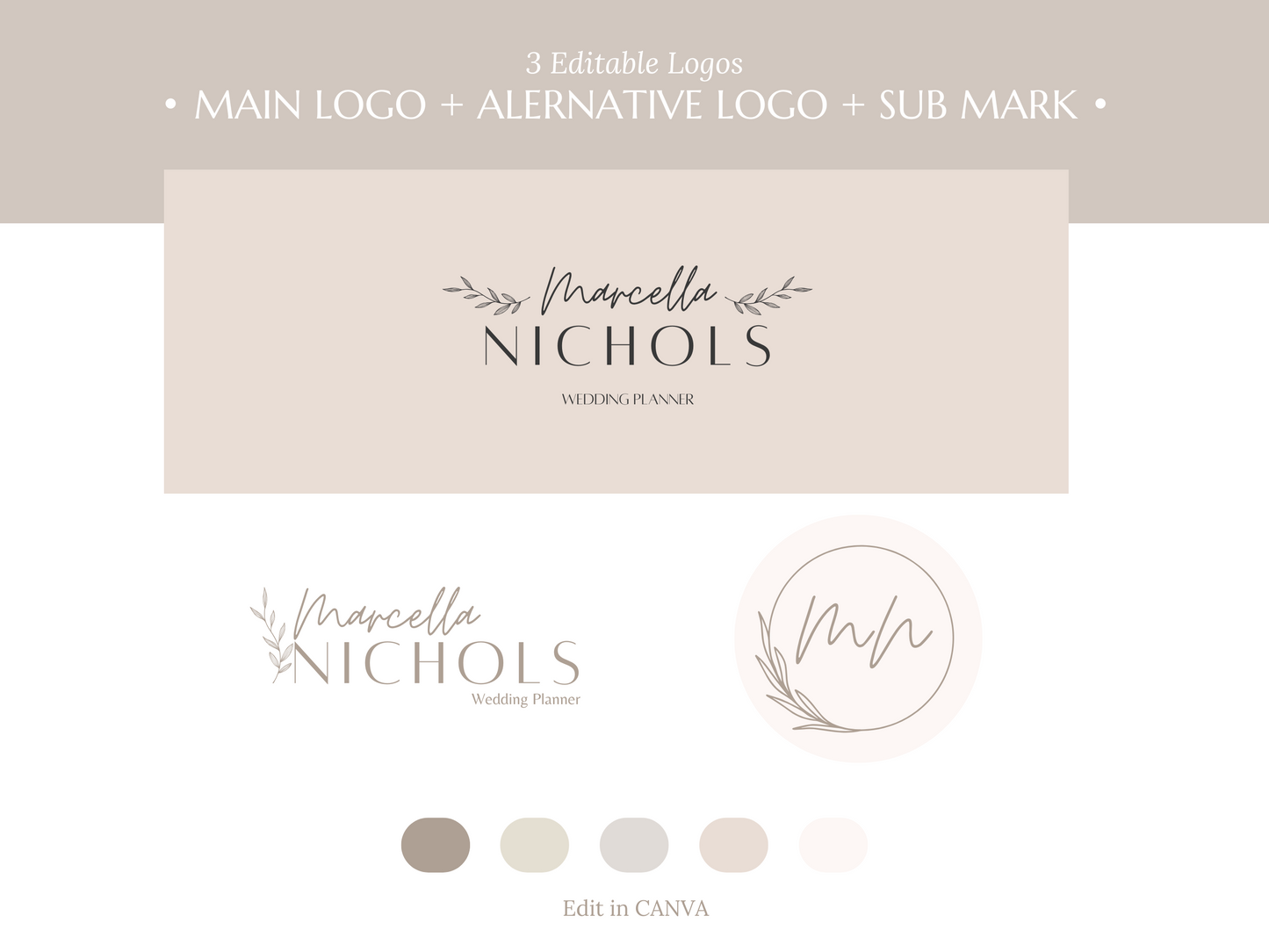 MARCELLA | WEDDING - EVENT PLANNER | DYI Personal Branding Kit | Canva Templates - Logos, Brand Board, Business Card, Email Signature, Social Media Kit