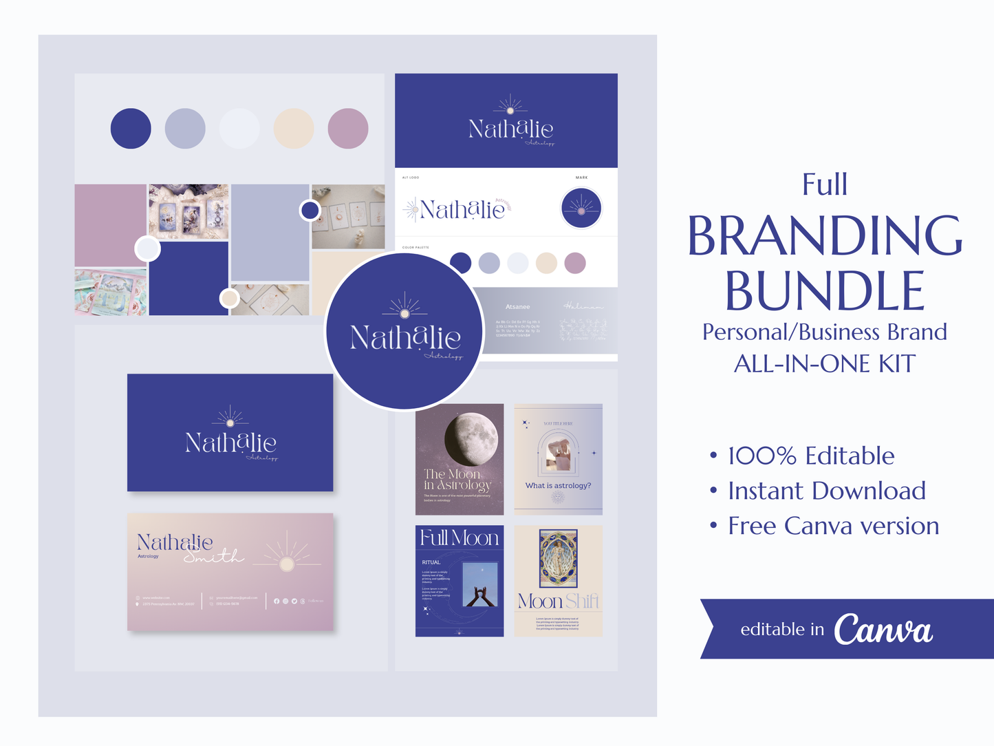 NATHALIE | ASTROLOGER - MYSTIC | DYI Personal Branding Kit | Canva Templates - Logos, Brand Board, Business Card, Email Signature, Social Media Kit