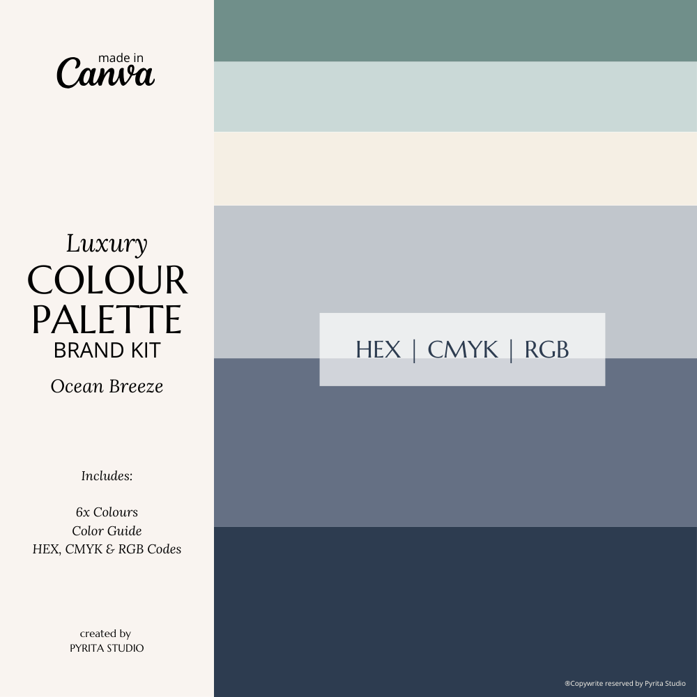 Ocean Breeze | Luxury Brand Palette | Editable Canva Colour Palette with Hex Codes | Blue + Green Branding Kit