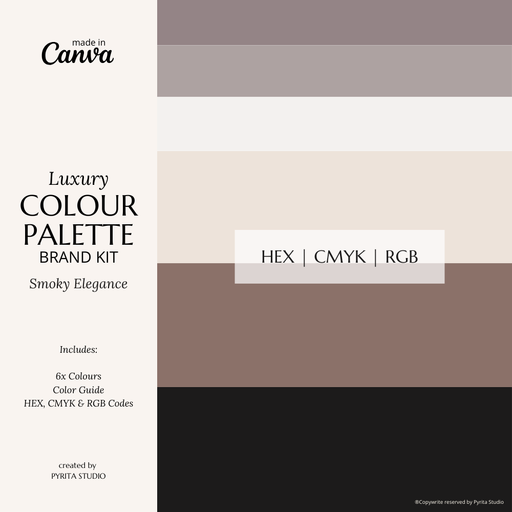 Smoky Elegance | Luxury Brand Palette | Premium Canva Colour Palette with Hex Codes | Black + Brown Business Branding Kit