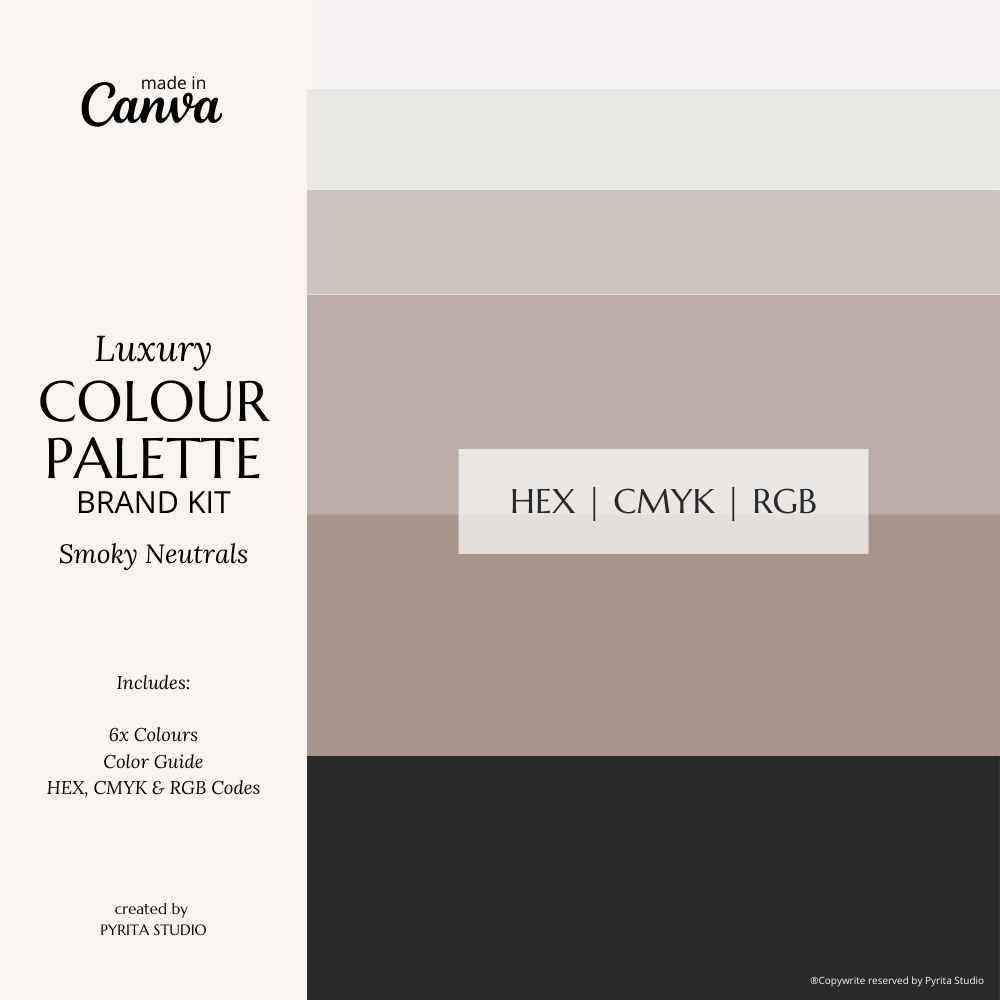 Smoky Neutrals | Luxury Colour Palette | Editable Canva Template with Hex Codes | Brown + Black Small Business Branding Kit