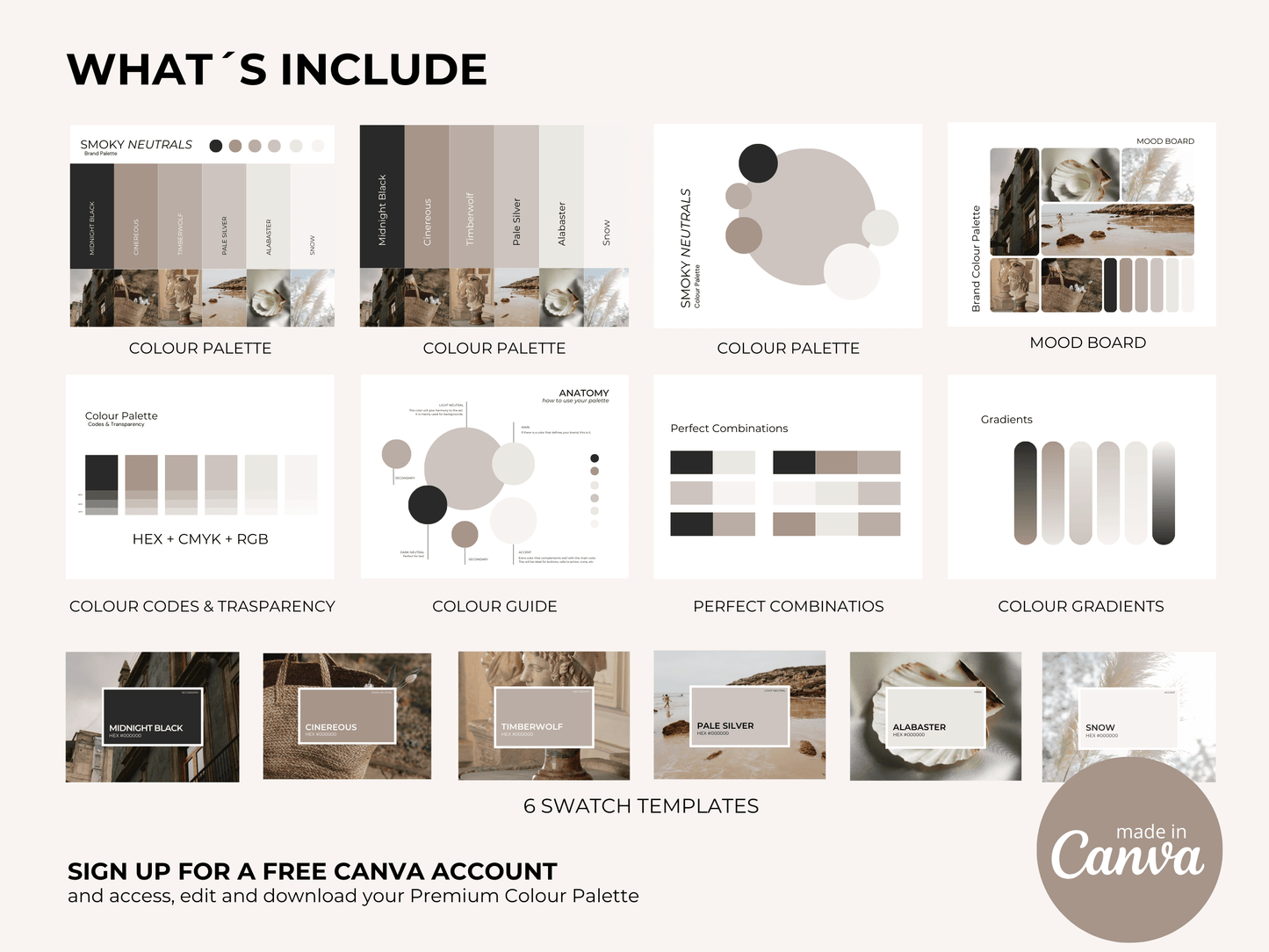 Smoky Neutrals | Luxury Colour Palette | Editable Canva Template with Hex Codes | Brown + Black Small Business Branding Kit