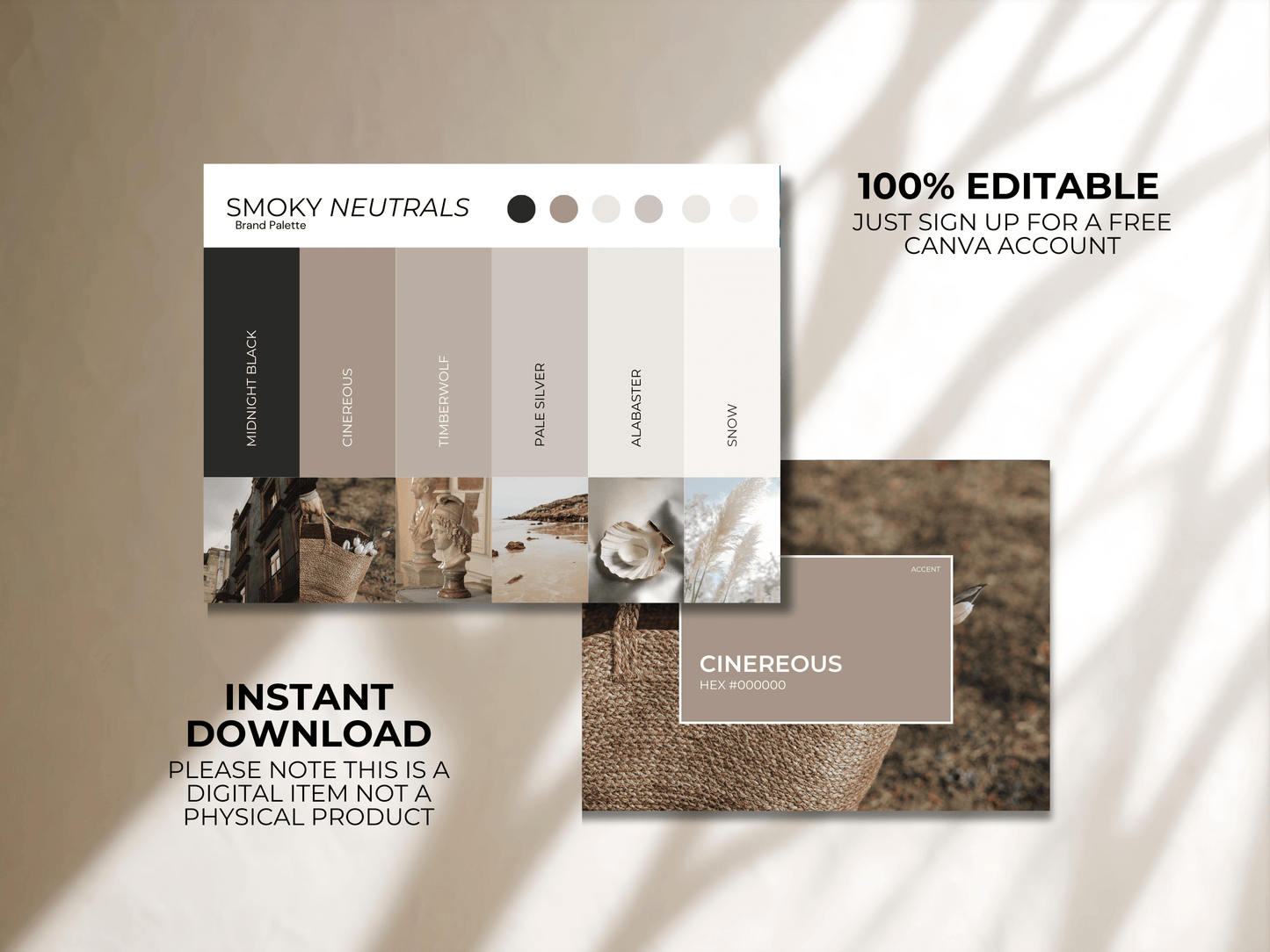 Smoky Neutrals | Luxury Colour Palette | Editable Canva Template with Hex Codes | Brown + Black Small Business Branding Kit