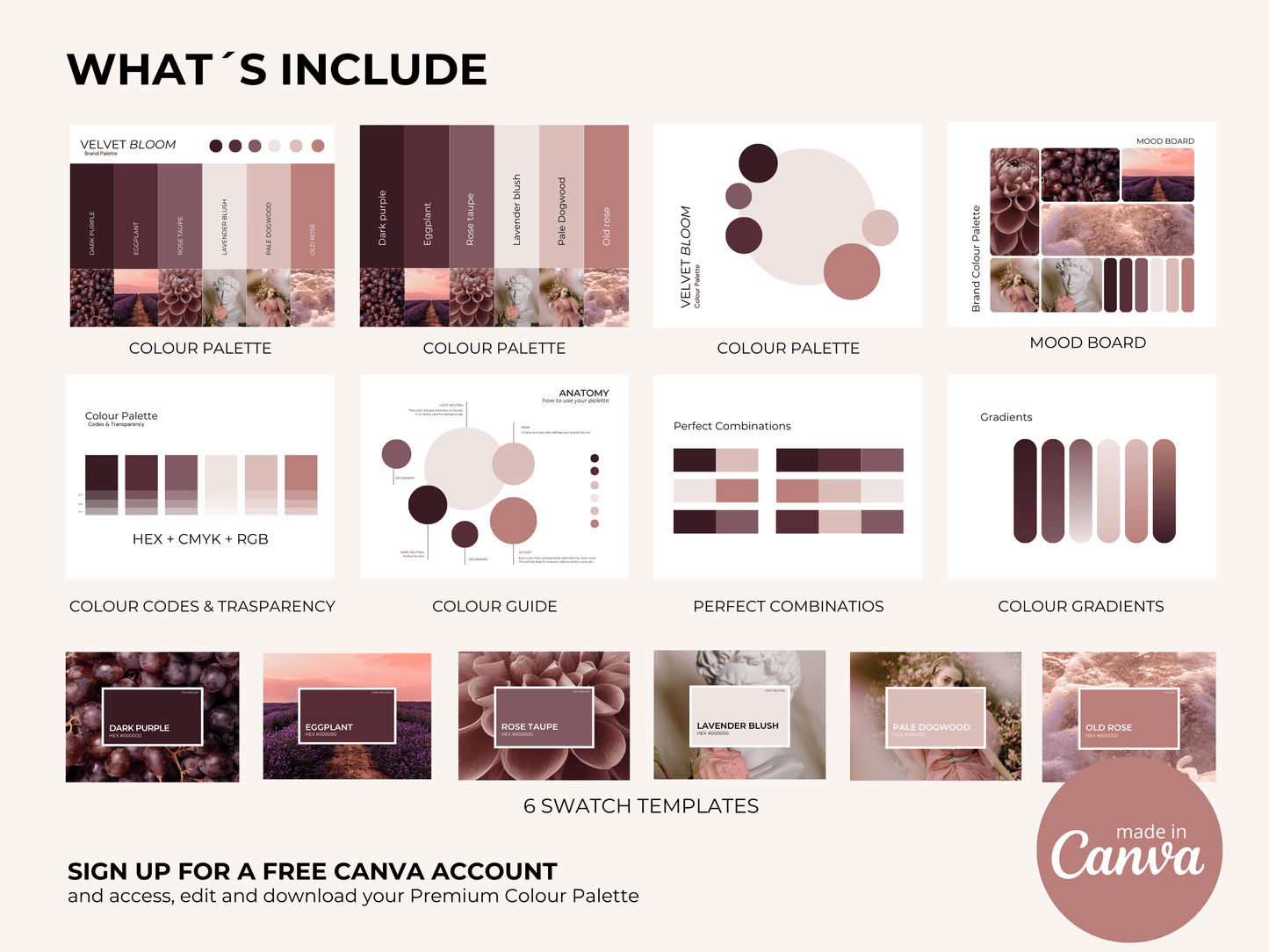 Velvet Bloom | Premium Brand Palette | Editable Canva Template with Hex Codes | Pink + Purple Vintage Colour Palette